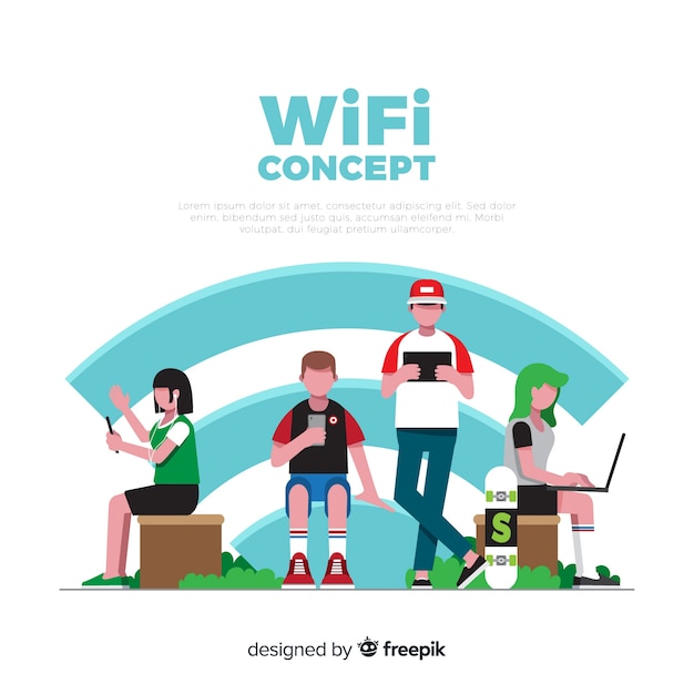 Pessoas planas com fundo de sinal de wifi Vetor grátis