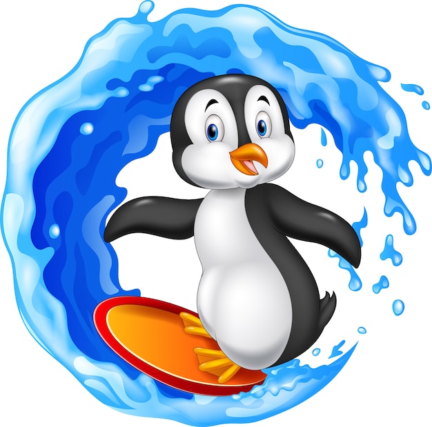 Pinguim De Surf Dos Desenhos Animados Vetor Premium