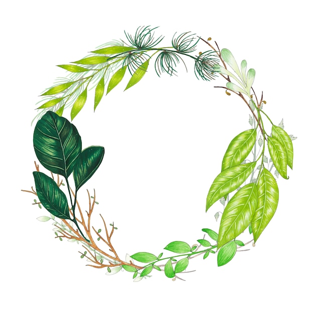 Pintados à mão com guirlanda floral de marcadores com galho, galho e folhas abstratas verdes Vetor grátis