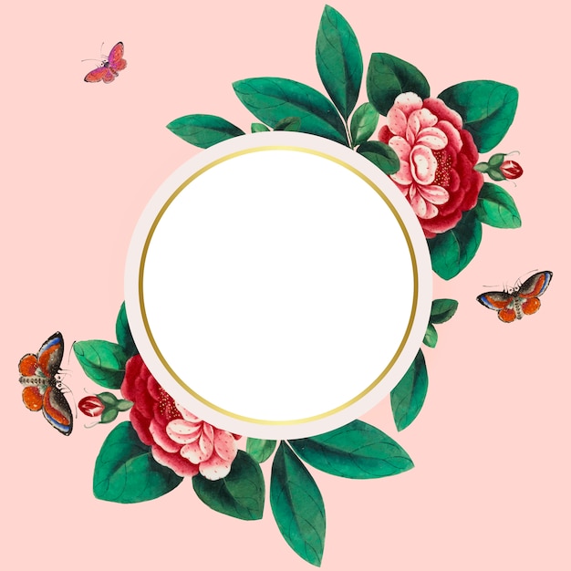 Pintura chinesa com vetor de quadro de círculo em branco de flores Vetor grátis