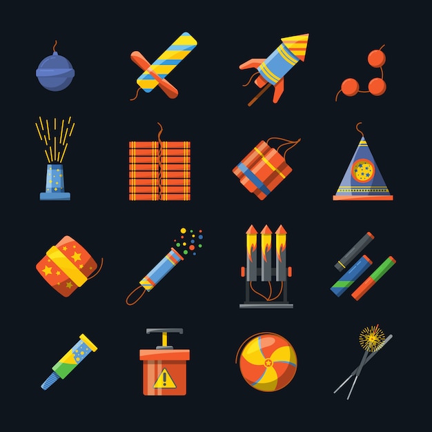 Pirotecnia para feriados e diferentes ferramentas para show de fogo. conjunto de ícones do vetor de foguete pirotécnico e dinossauro petard, foguete e bomba em ilustração de estilo simples Vetor Premium