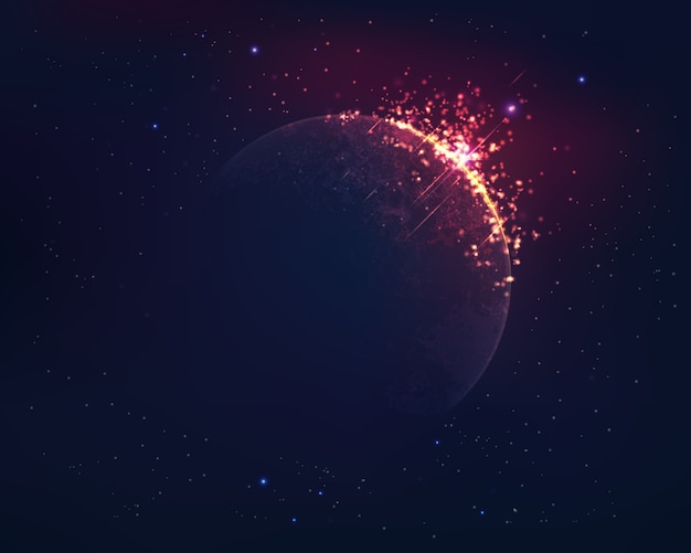 Planeta realista com efeito de fogo e fundo do espaço Vetor Premium