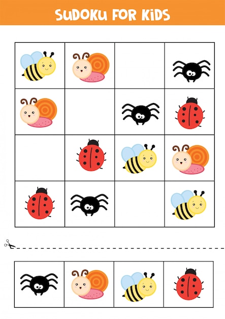 Planilha educacional para crianças prées-escolar. sudoku para crianças com insetos. Vetor Premium