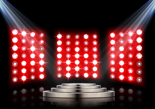 Pódio de palco com holofotes e fundo stagelight vermelho Vetor Premium