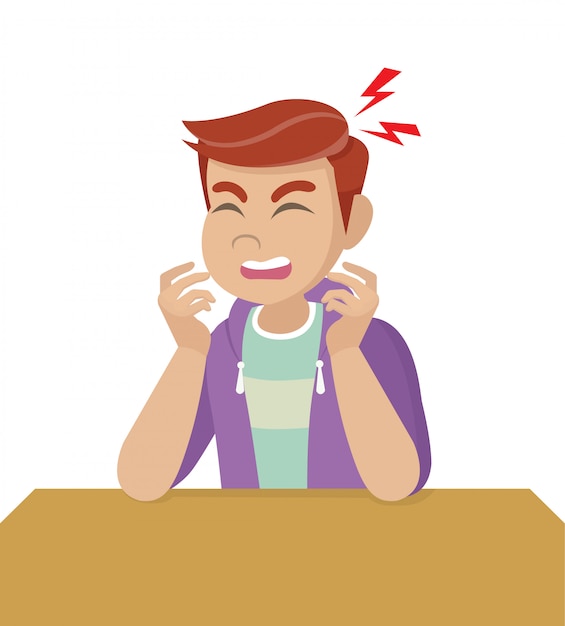 Poses de personagem de desenho animado, homem com dor de cabeça, doença da cabeça, segurando a cabeça. enxaqueca, problemas de saúde, cabeça de dor, trabalho de estresse, cansado, sofrer, emoção, dor de cabeça, frustrado. Vetor Premium