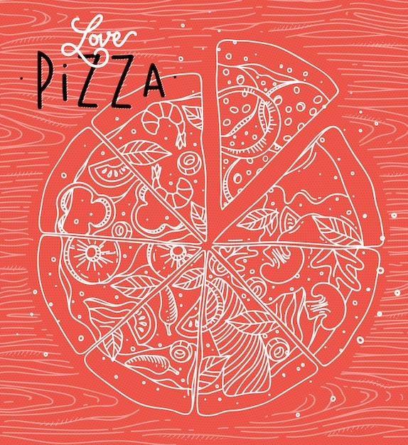 Poster lettering amor pizza desenho com linhas cinzas no fundo coral Vetor Premium