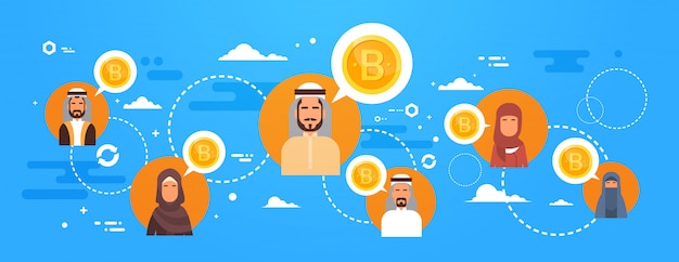 Povos árabes que compram bitcoins sobre o conceito cripto moderno da moeda da rede do dinheiro de digitas do mapa do mundo Vetor Premium