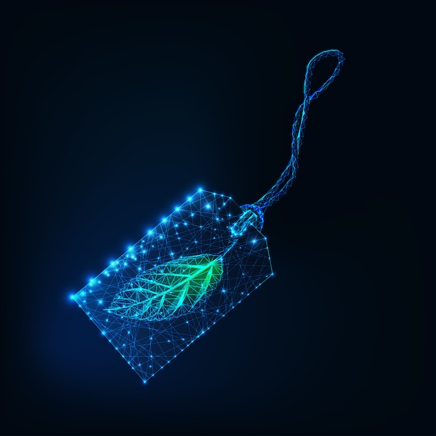 Preço de wireframe digital brilhante com folha verde isolada em fundo azul escuro. Vetor Premium