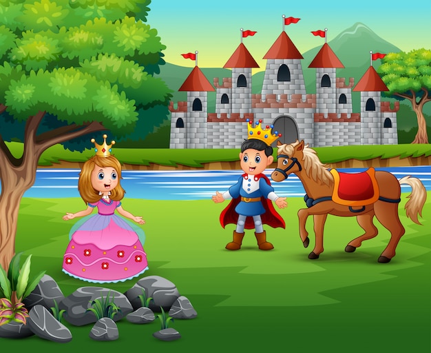 Príncipe dos desenhos animados e princesa com um fundo de castelo ...