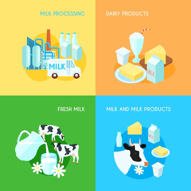 Processamento e processamento de produtos lácteos frescos de leite 4 ícones lisos quadrado composição Vetor grátis