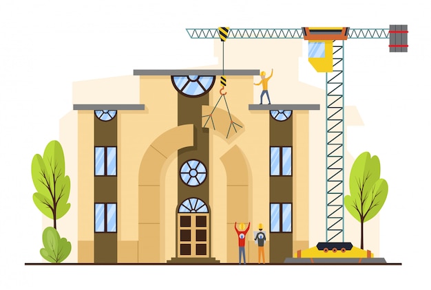 Processo de trabalho de construção com casas e máquinas de construção. Vetor Premium