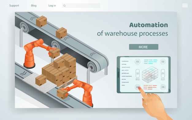 Processos de armazém de automação de ilustração da web. Vetor Premium