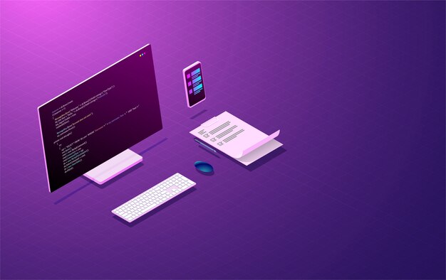 Programa de desenvolvimento e codificação, conceito de design de aplicativo móvel. Vetor Premium