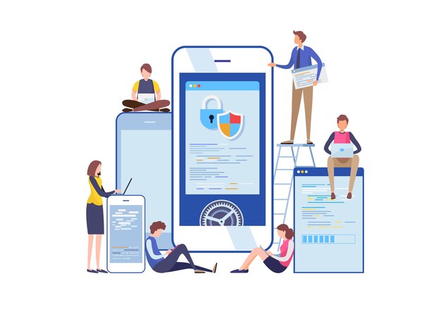 Programador está trabalhando com aplicativo de smartphone. Vetor Premium