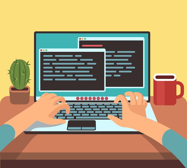 Programador pessoa trabalhando no laptop pc com código de programa na tela. codificação e programação conceito de vetor. ilustração do software de programação do desenvolvedor, tipo de codificação Vetor Premium