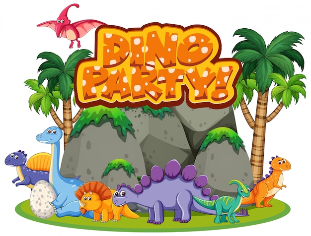 Projeto de fonte para festa de palavra dino com muitos dinossauros na