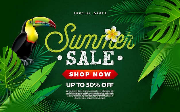 Projeto de venda de verão com tucano bird e tropical palm leaves Vetor Premium