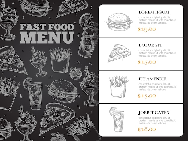 Projeto do menu do vetor do folheto do restaurante com fast food desenhado à mão. almoço de hambúrguer e café da manhã, sandwi Vetor Premium