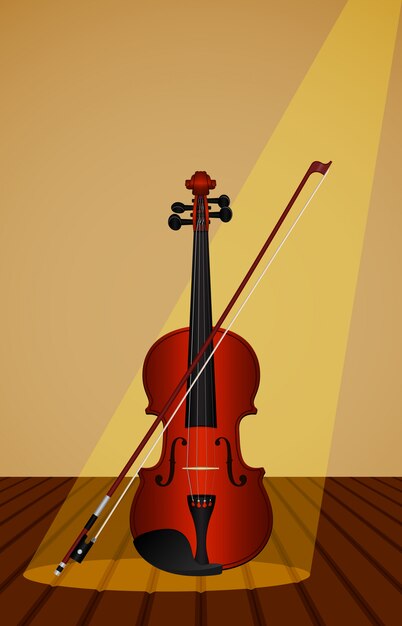 Proporcional, representação de um violino e arco em uma mesa de madeira. Vetor Premium