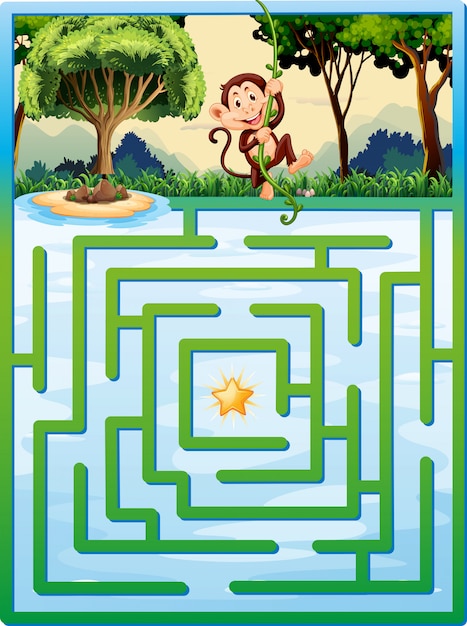Puzzle de labirinto com macaco na selva Vetor grátis