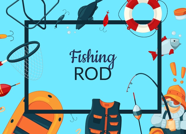 Quadro com equipamento de pesca dos desenhos animados em torno dele com lugar para o texto no centro Vetor Premium