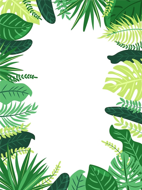 Quadro de folhas tropicais. ilustração com folhagem de plantas exóticas da selva. estilo da selva. composição do vetor no fundo branco com espaço da cópia. Vetor Premium