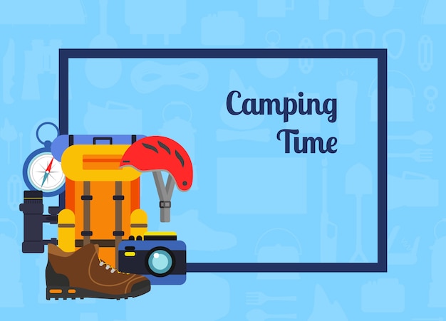 Quadro de retângulo de vetor com pilha de elementos de estilo simples camping no canto com lugar para ilustração de fundo de texto Vetor Premium