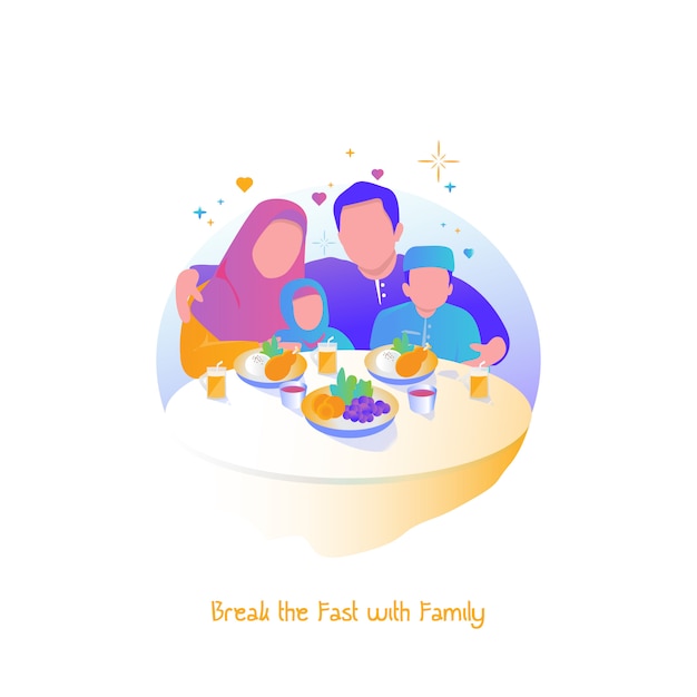 Ramadã ilustração, quebrar o jejum com a família Vetor Premium