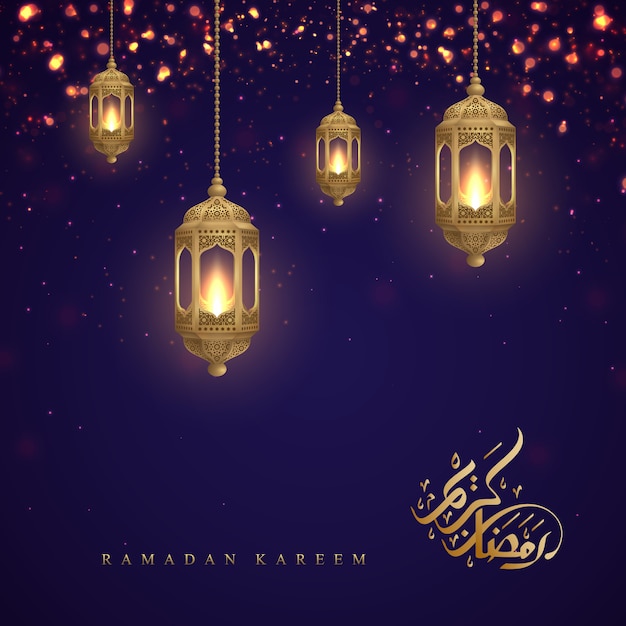 Ramadan kareem com caligrafia árabe e lanternas douradas. Vetor Premium
