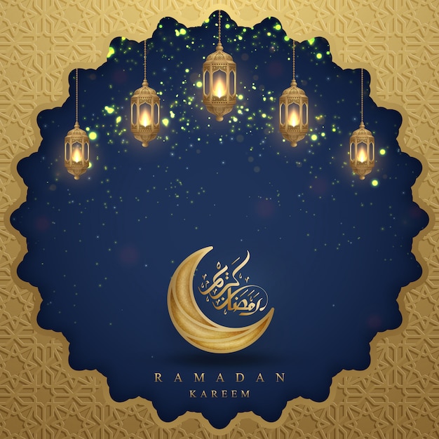 Ramadan kareem com caligrafia árabe, lanternas douradas e lua. Vetor Premium