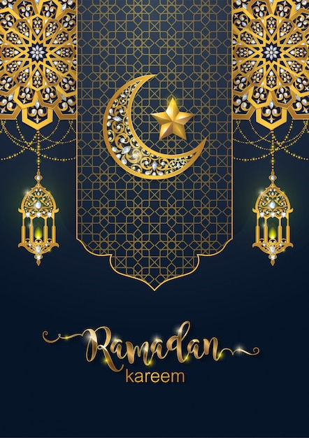Ramadan Kareem Ou Eid Mubarak Saudação Fundo Islâmico Com Ouro