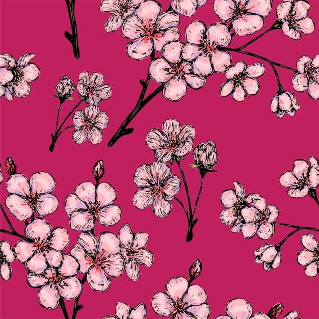 Ramos Florescendo De Sakura Ornamento De Flores De Cerejeira Padrão Sem Emenda De Vetor 1038