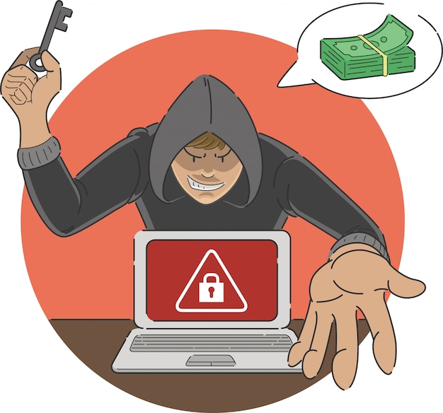 Ransomware, ataque, golpe, caricatura, malware, mostrando, alerta, sinal, tela, laptop, hacker, ameaçar, pagamento dinheiro, desbloquear Vetor Premium