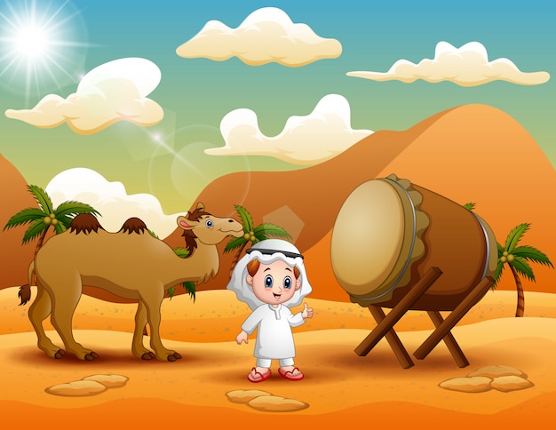 Rapaz árabe com camelo está comemorando eid mubarak Vetor Premium