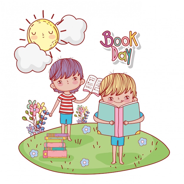 Rapazes com livro de educação e sol com nuvens Vetor Premium