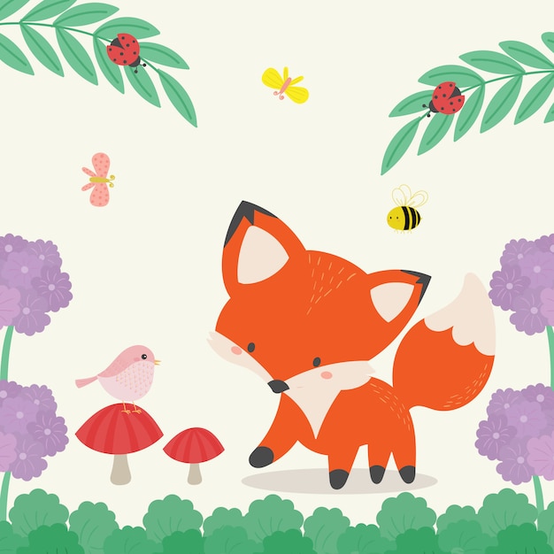 Raposa bonito na ilustração selvagem. arte desenhada de mão Vetor Premium