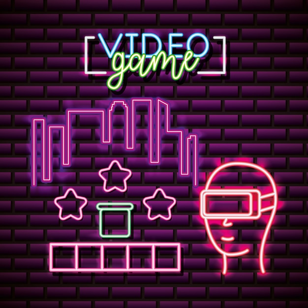 Recursos gráficos de videogame parede de tijolos, estilo neon Vetor grátis