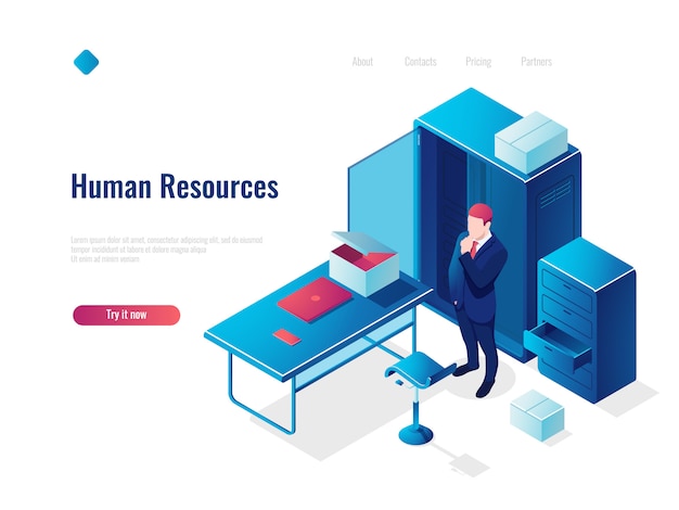 Recursos humanos, isometric, ícone, conceito, emprego, escritório, dentro, interior, tabela, com, cadeira Vetor grátis
