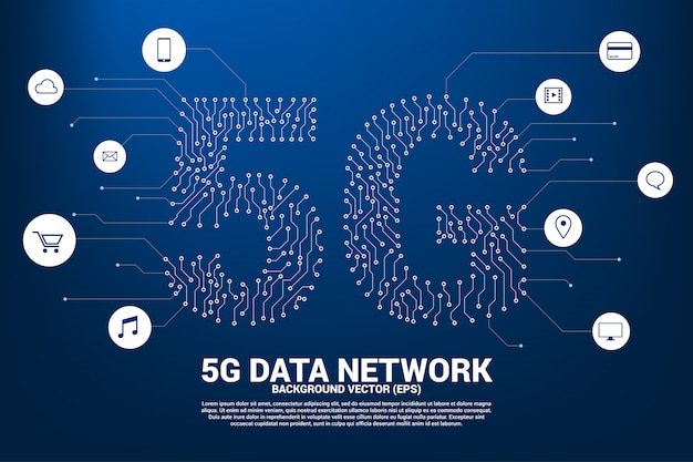 Rede móvel 5g de estilo gráfico de placa de circuito ponto e linha Vetor Premium
