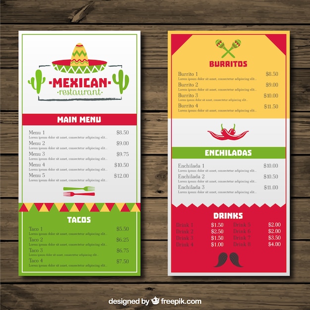 Restaurante mexicano menu com cores e chapéu mexicano 