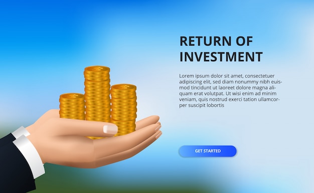 Retorno sobre o investimento roi, conceito de oportunidade de lucro. crescimento financeiro das empresas para o sucesso. mão segurando a moeda de ouro. Vetor Premium