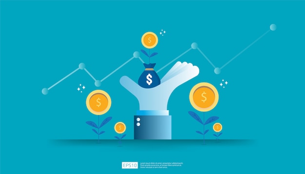 Retorno sobre o investimento roi, conceito de oportunidade de lucro. setas de crescimento de negócios para o sucesso. crescer dólar moeda planta dinheiro saco na mão do grande investidor com aumento gráfico gráfico. Vetor Premium