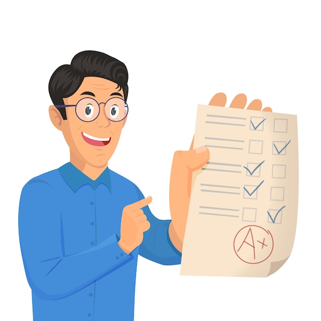 Retrato, de, adolescente, estudante, mostrando, perfeitos, teste, resultados, com, um, mais Vetor Premium