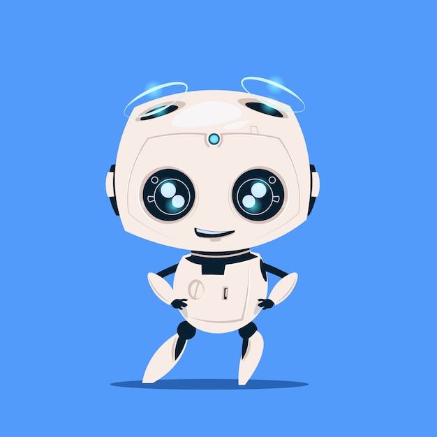 Robô moderno isolado no conceito de inteligência artificial bonito do personagem de banda desenhada do fundo azul Vetor Premium