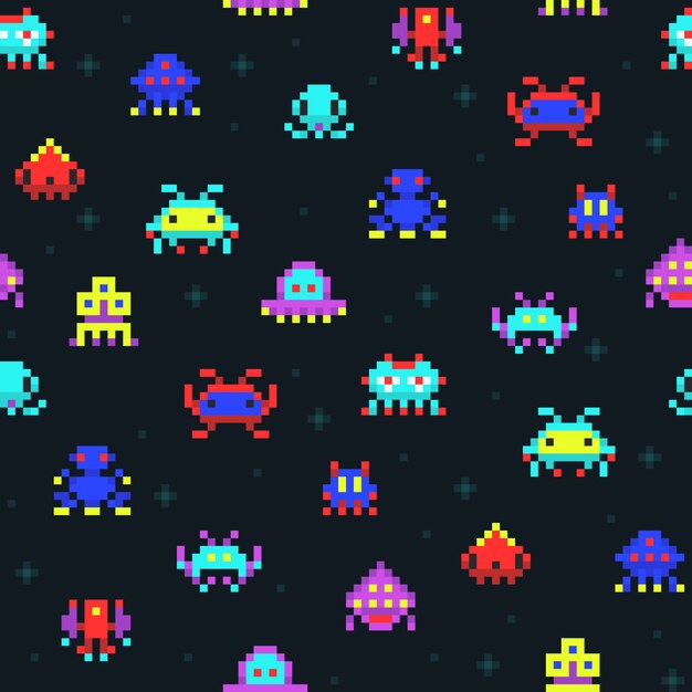 Robôs bonitos do pixel, teste padrão sem emenda do vetor do jogo de computador video retro dos invasores do espaço. monstro de pixel colorido no espaço, ilustração de pixelated de arcada de desenho em quadrinhos Vetor Premium
