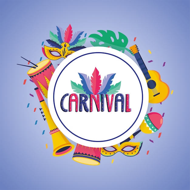 Rótulo de carnaval com decoração de máscara e tambor Vetor Premium
