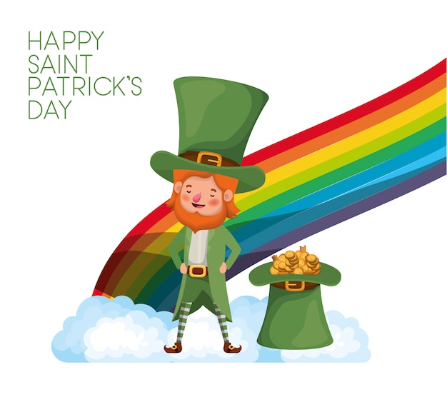Rótulo de dia feliz saint patrick com leprechaun e arco-íris Vetor Premium