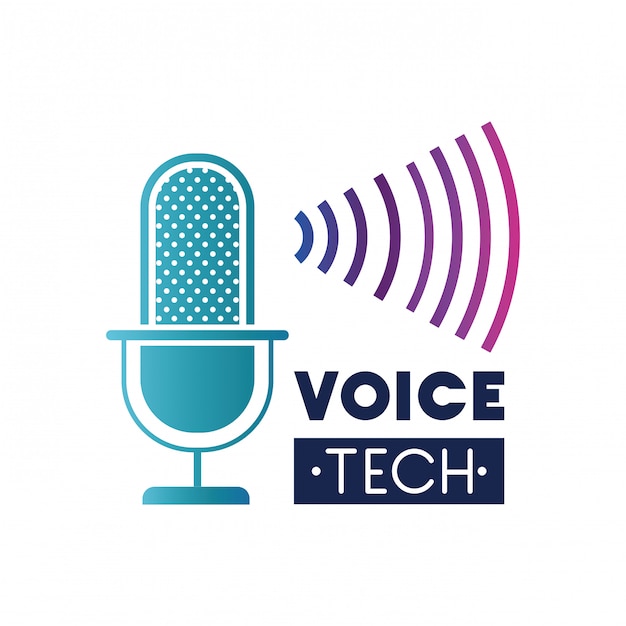 Rótulo de tecnologia de voz com microfone e onda sonora Vetor Premium