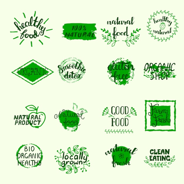Rótulos de alimentos saudáveis com bio eco e elementos orgânicos em cores verdes Vetor grátis