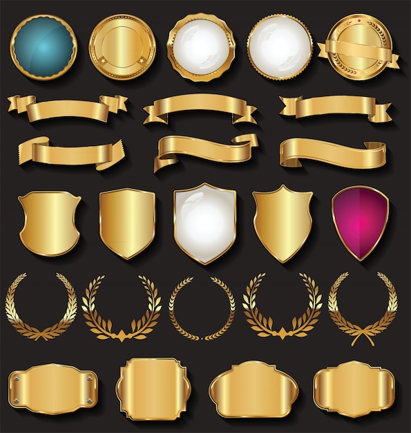 Rótulos de fitas de ouro retro e coleção de vetores de escudos Vetor Premium